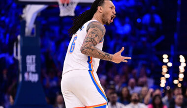 OKLAHOMA CITY, OKLAHOMA - MARCH 7: Jaylin Williams #6 of the Oklahoma City Thunder celebrates a made basket during the second half against the Golden State Warriors at Paycom Center on March 7, 2026 in Oklahoma City, Oklahoma. NOTE TO USER: User expressly acknowledges and agrees that, by downloading and or using this photograph, User is consenting to the terms and conditions of the Getty Images License Agreement. (Photo by Joshua Gateley/Getty Images)