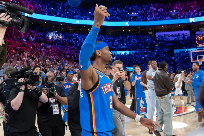 Mar 9, 2026; Oklahoma City, Oklahoma, USA; Oklahoma City Thunder guard Shai Gilgeous-Alexander (2) gestures and walks around the court after sinking a game winner 3 pointer basket against the Denver Nuggets during the second half at Paycom Center. Mandatory Credit: Alonzo Adams-Imagn Images