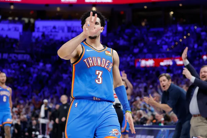 Mar 9, 2026; Oklahoma City, Oklahoma, USA; Oklahoma City Thunder guard Jared McCain (3) gestures after scoring against the Denver Nuggets during the second half at Paycom Center. Mandatory Credit: Alonzo Adams-Imagn Images