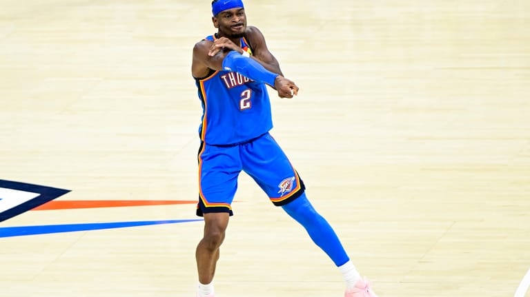 Oklahoma City Thunder guard Shai Gilgeous-Alexander (2) gestures during the...