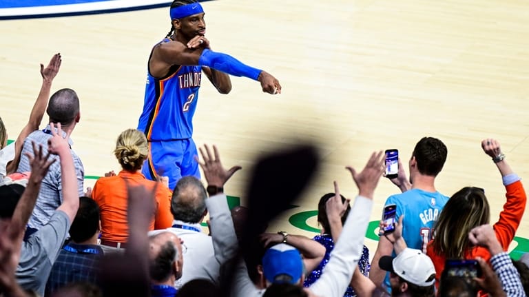 Oklahoma City Thunder guard Shai Gilgeous-Alexander (2) gestures during the...