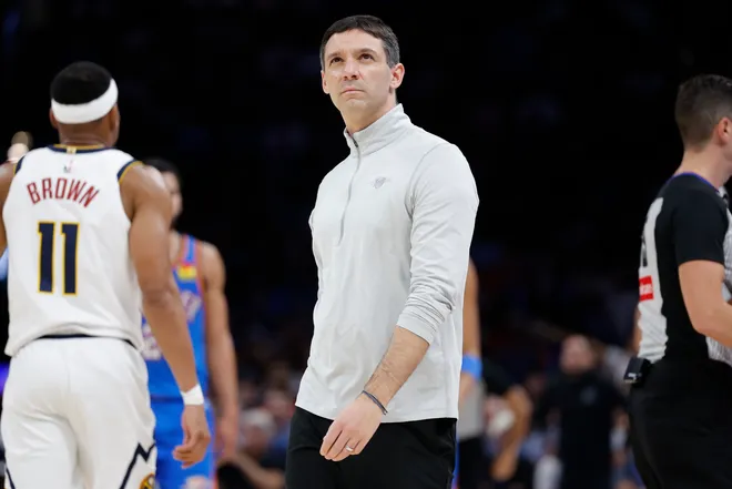 Mar 9, 2026; Oklahoma City, Oklahoma, USA; Oklahoma City Thunder Head Coach Mark Daigneault looks at the scoreboard during a time out against the Denver Nuggets during the second half at Paycom Center. Mandatory Credit: Alonzo Adams-Imagn Images