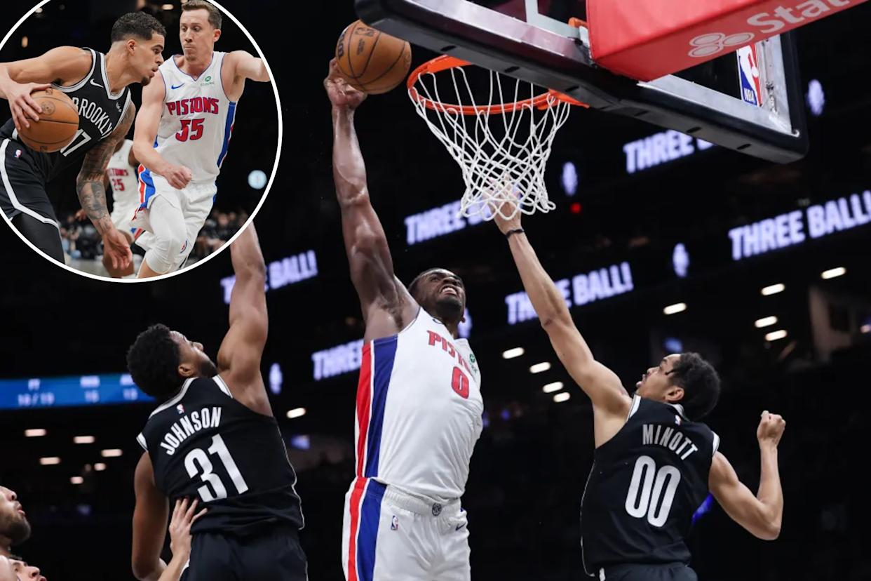 An image collage containing 2 images, Image 1 shows Jalen Duren, who scored a game-high 26 points, slams home a dunk during the third quarter of the Nets' 138-100 blowout loss over the Pistons at Barclays Center on March 10, 2026, Image 2 shows Michael Porter Jr., who scored a team-high 19 points, drives on Tolu Smith during the Nets' blowout loss to the Pistons.