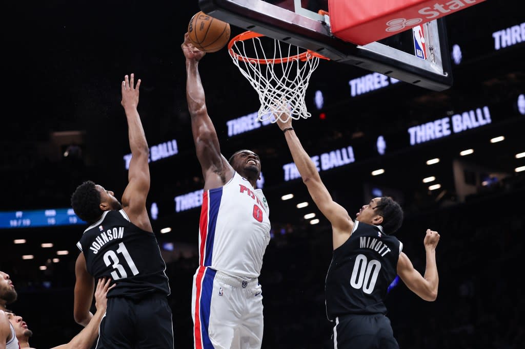 Jalen Duren, who scored a game-high 26 points, slams home a dunk during the third quarter of the Nets’ 138-100 blowout loss over the Pistons at Barclays Center on March 10, 2026. Getty Images