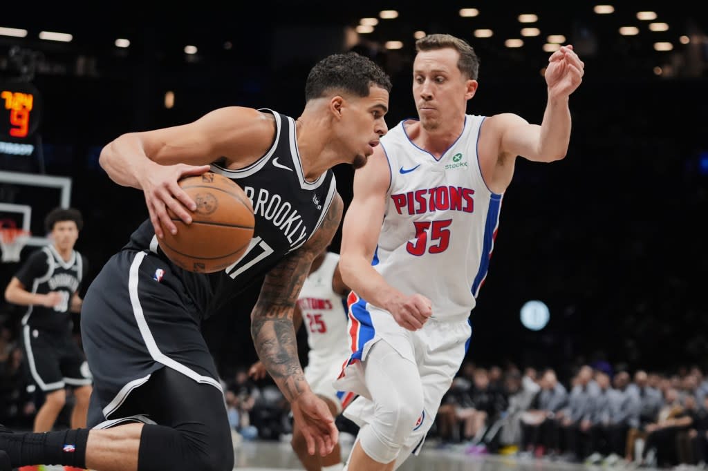 Michael Porter Jr., who scored a team-high 19 points, drives on Tolu Smith during the Nets’ blowout loss to the Pistons. AP