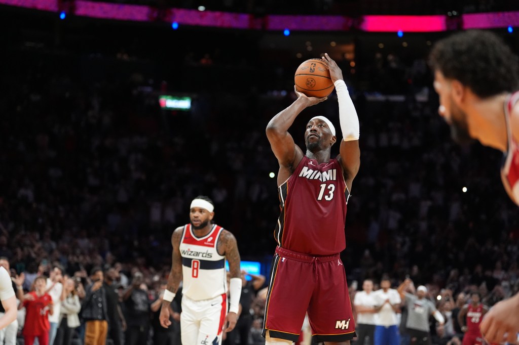 Bam Adebayo of the Miami Heat shoots a free throw.
