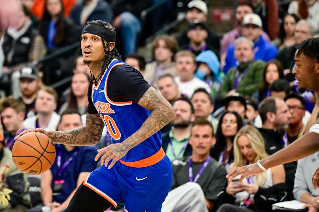 Knicks guard Jordan Clarkson (00) looks to pass during the first half against the Utah Jazz at Delta Center on March 11, 2026. IMAGN IMAGES via Reuters Connect