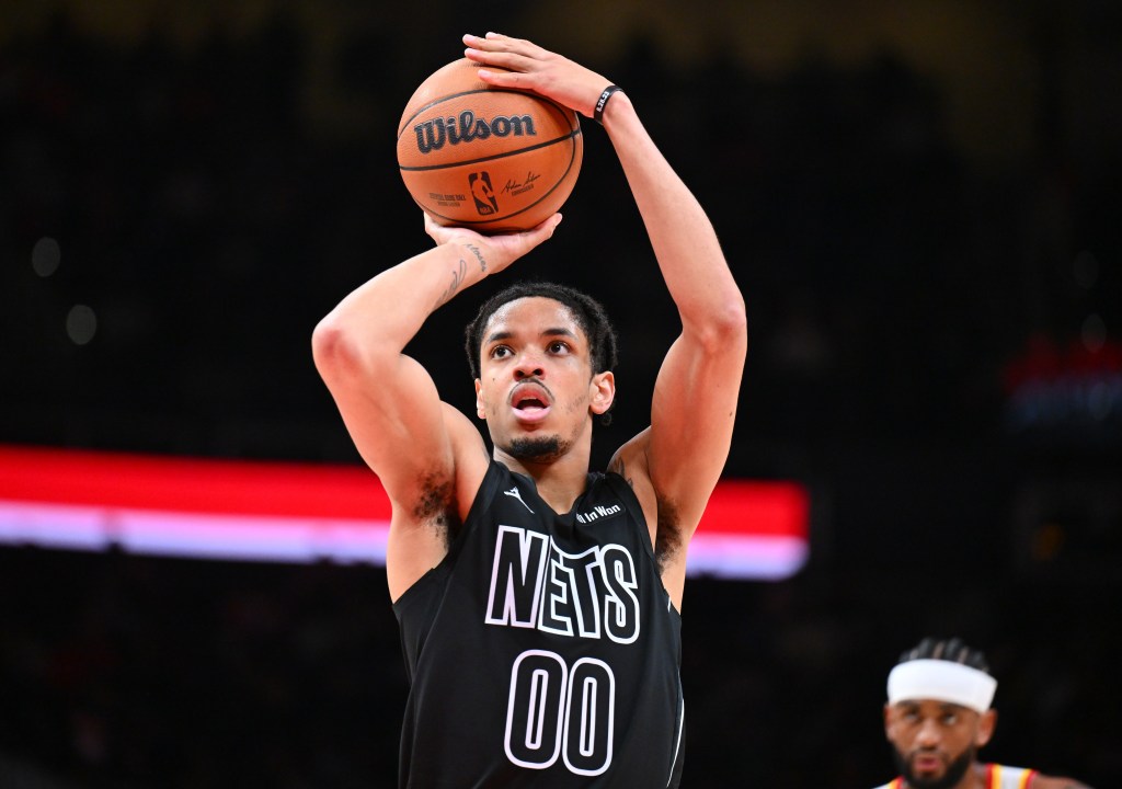 Josh Minott shoots a free throw during his 24-point night in the Nets' loss to the Hawks on March 12, 2026.