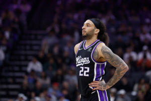 SACRAMENTO, CALIFORNIA - FEBRUARY 07: Devin Carter #22 of the Sacramento Kings looks on in the second quarter against the Cleveland Cavaliers at Golden 1 Center on February 07, 2026 in Sacramento, California. NOTE TO USER: User expressly acknowledges and agrees that, by downloading and or using this photograph, User is consenting to the terms and conditions of the Getty Images License Agreement. (Photo by Lachlan Cunningham/Getty Images)