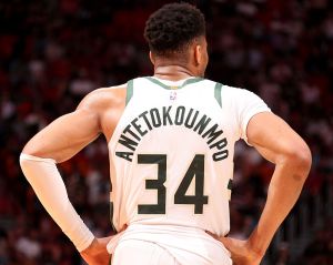 MIAMI, FL - MARCH 12: Giannis Antetokounmpo #34 of the Milwaukee Bucks looks on during the game against the Miami Heat on March 12, 2026 at Kaseya Center in Miami, Florida. NOTE TO USER: User expressly acknowledges and agrees that, by downloading and or using this Photograph, user is consenting to the terms and conditions of the Getty Images License Agreement. Mandatory Copyright Notice: Copyright 2026 NBAE (Photo by Issac Baldizon/NBAE via Getty Images)