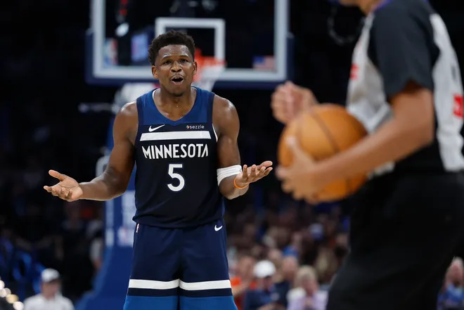 Mar 15, 2026; Oklahoma City, Oklahoma, USA; Minnesota Timberwolves guard Anthony Edwards (5) reacts after a call against him by an official during the second half against the Oklahoma City Thunder at Paycom Center. Mandatory Credit: Alonzo Adams-Imagn Images
