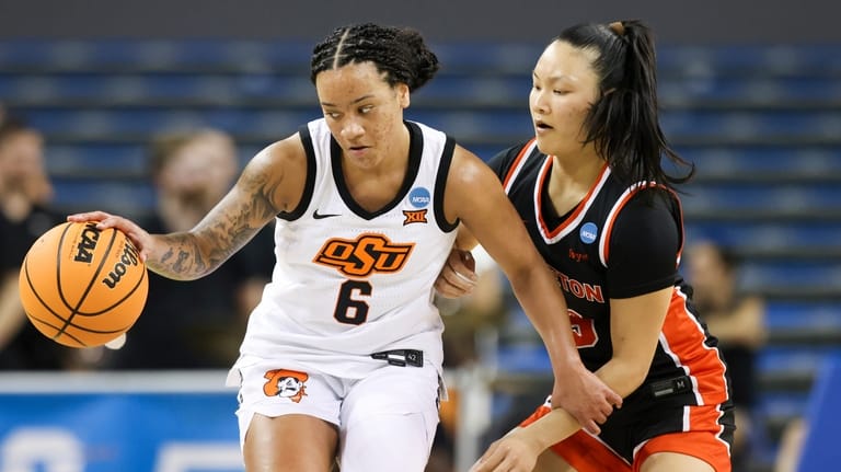 Oklahoma State guard Jadyn Wooten (6) dribbles against Princeton guard...