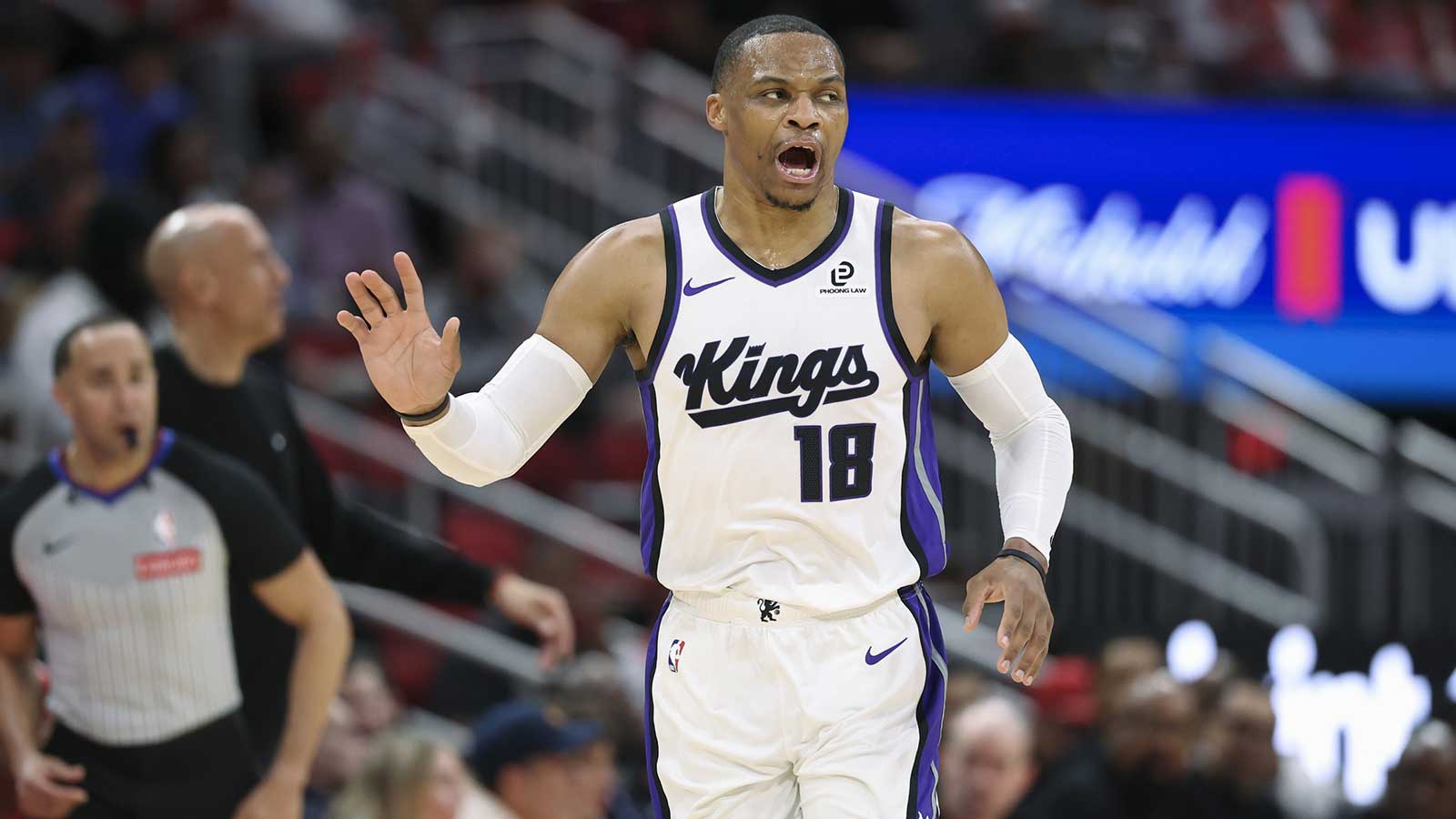 Sacramento Kings guard Russell Westbrook (18) reacts after a play during the first half against the Houston Rockets at Toyota Center.