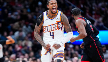 TORONTO, CANADA - MARCH 13: Jalen Green #4 of the Phoenix Suns celebrates against the Toronto Raptors during the second half in their NBA game at Scotiabank Arena on March 13, 2026 in Toronto, Ontario, Canada. NOTE TO USER: User expressly acknowledges and agrees that, by downloading and/or using this Photograph, user is consenting to the terms and conditions of the Getty Images License Agreement. (Photo by Mark Blinch/Getty Images)