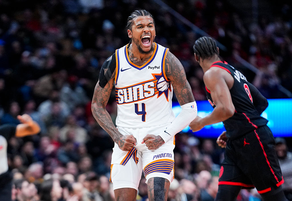 TORONTO, CANADA - MARCH 13: Jalen Green #4 of the Phoenix Suns celebrates against the Toronto Raptors during the second half in their NBA game at Scotiabank Arena on March 13, 2026 in Toronto, Ontario, Canada. NOTE TO USER: User expressly acknowledges and agrees that, by downloading and/or using this Photograph, user is consenting to the terms and conditions of the Getty Images License Agreement. (Photo by Mark Blinch/Getty Images)