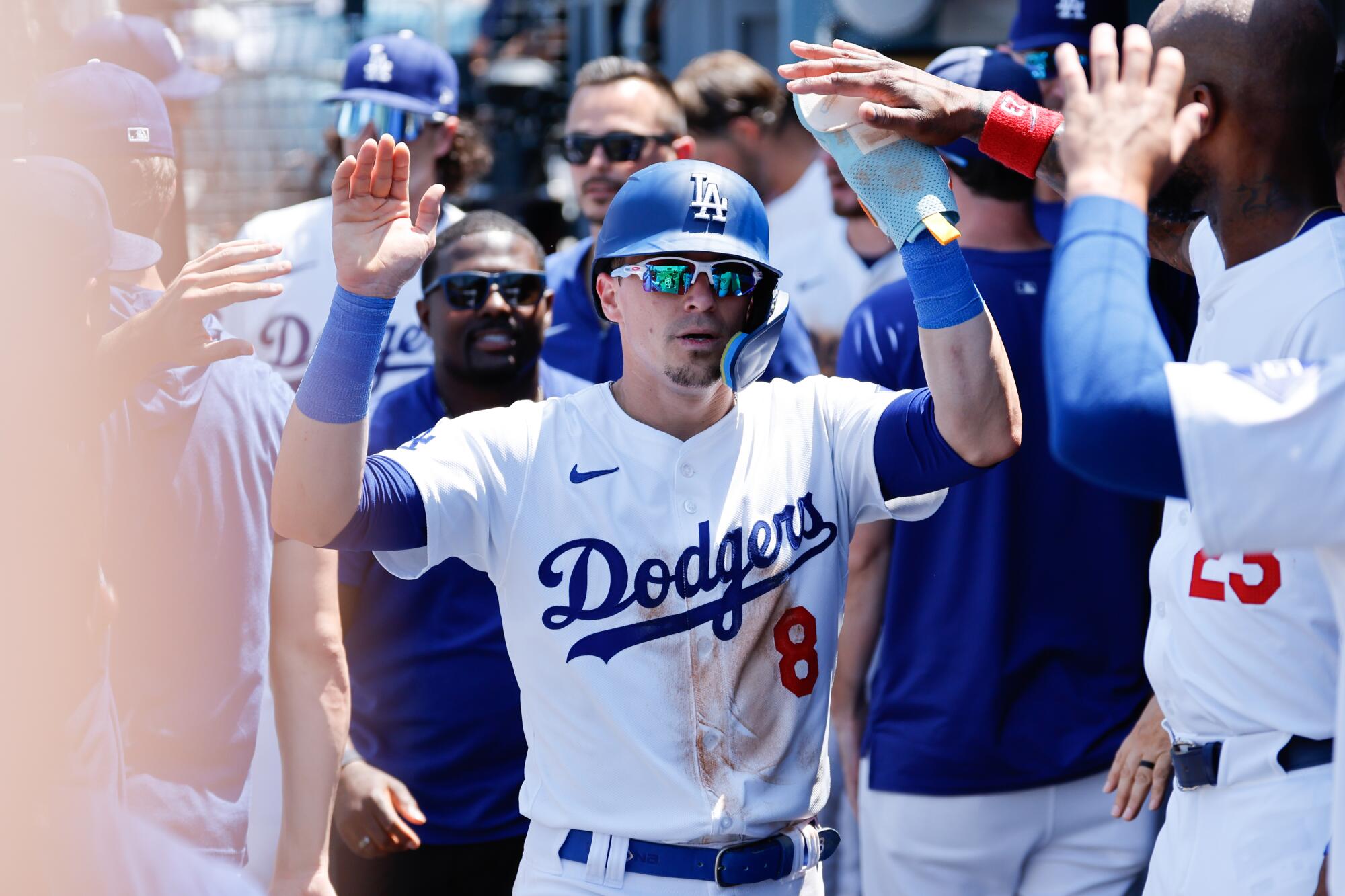 LOS ANGELES, CA - JULY 25, 2024: Los Angeles Dodgers' Kiké Hernández (8) celebrates.