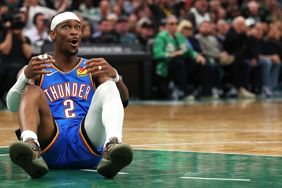 BOSTON, MASSACHUSETTS - MARCH 25: Shai Gilgeous-Alexander #2 of the Oklahoma City Thunder reacts after being fouled during the second half against the Boston Celtics at TD Garden on March 25, 2026 in Boston, Massachusetts. The Celtics defeat the Thunder 119-109.