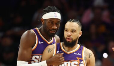 Jan 30, 2026; Phoenix, Arizona, USA; Phoenix Suns forward Dillon Brooks (3) with center Mark Williams against the Cleveland Cavaliers at Mortgage Matchup Center. Mandatory Credit: Mark J. Rebilas-Imagn Images