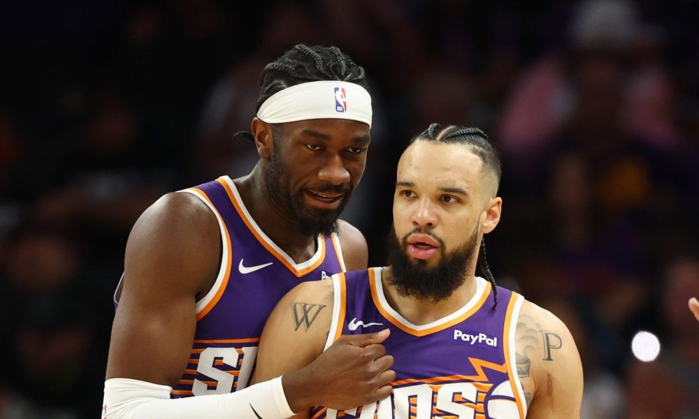 Jan 30, 2026; Phoenix, Arizona, USA; Phoenix Suns forward Dillon Brooks (3) with center Mark Williams against the Cleveland Cavaliers at Mortgage Matchup Center. Mandatory Credit: Mark J. Rebilas-Imagn Images