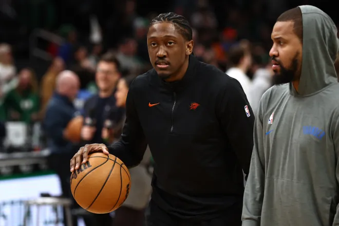 Mar 25, 2026; Boston, Massachusetts, USA; Oklahoma City Thunder guard Jalen Williams (8) before their game against the Boston Celtics during the first quarter at TD Garden. Mandatory Credit: Winslow Townson-Imagn Images