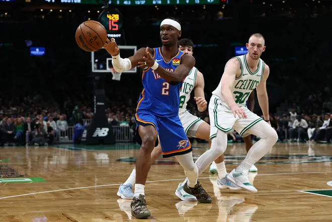 Mar 25, 2026; Boston, Massachusetts, USA; Oklahoma City Thunder guard Shai Gilgeous-Alexander (2) passes out of traffic during the second quarter against the Boston Celtics at TD Garden. Mandatory Credit: Winslow Townson-Imagn Images