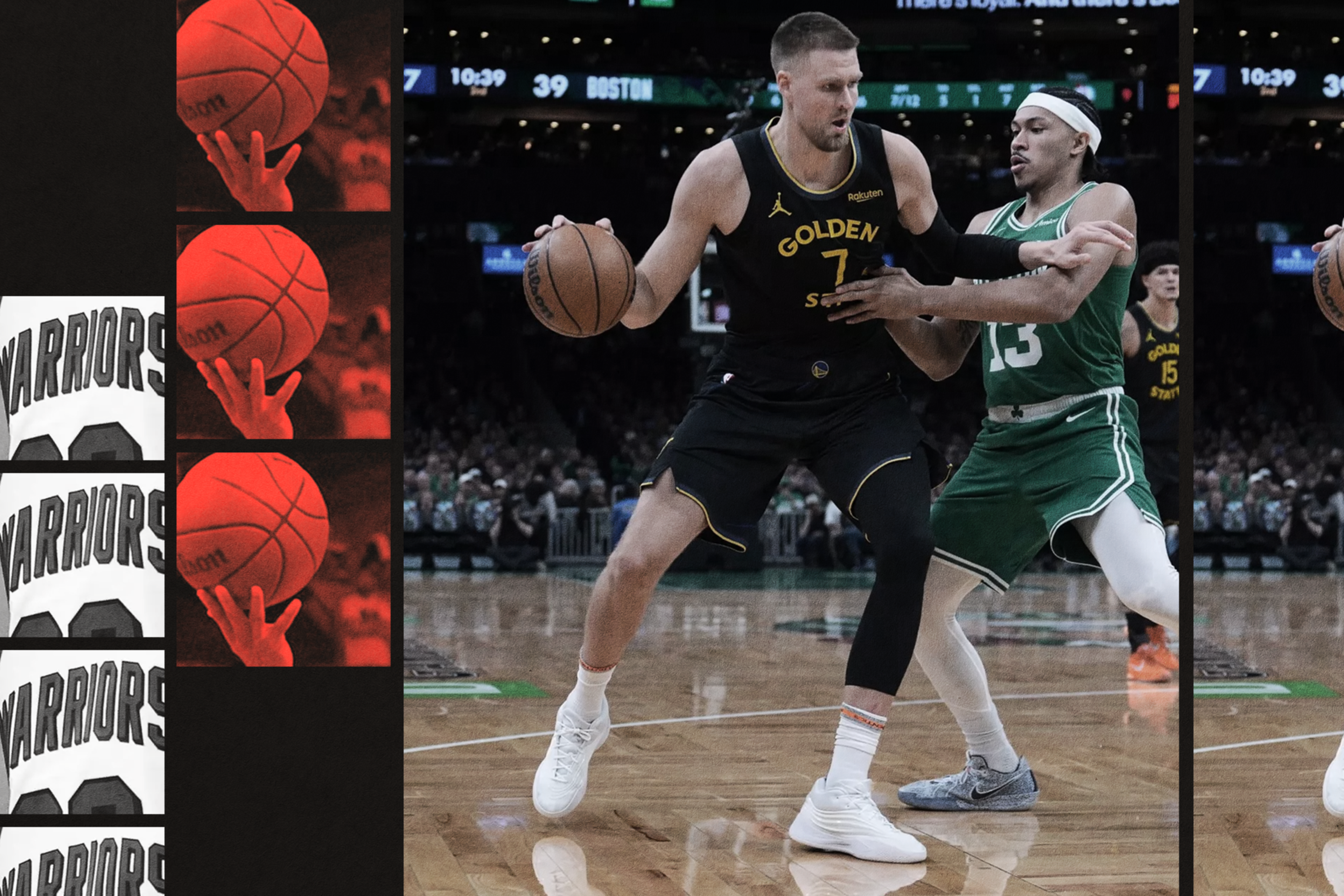 A Golden State Warriors player with the ball is closely guarded by a Boston Celtics player during a basketball game.