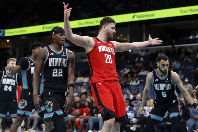 Mar 27, 2026; Memphis, Tennessee, USA; Houston Rockets center Alperen Sengun (28) reacts during the fourth quarter against the Memphis Grizzlies at FedExForum.