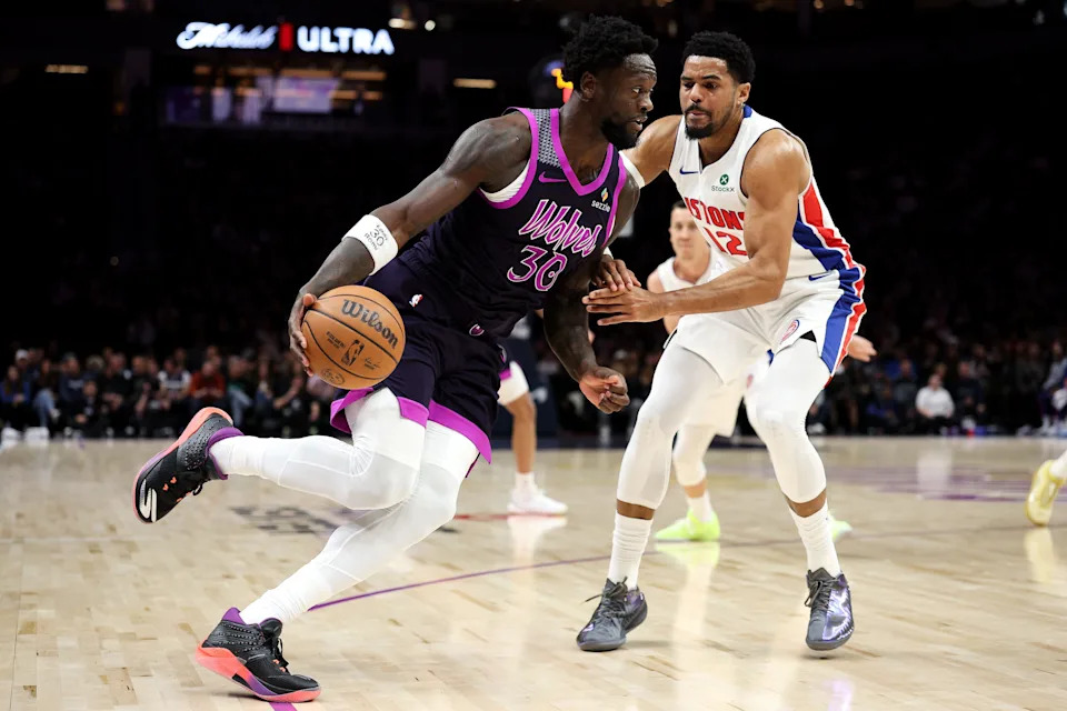 Minnesota Timberwolves forward Julius Randle (30) works around Detroit Pistons forward Tobias Harris (12) during the first half at Target Center in Minneapolis on Saturday, March 28, 2026.