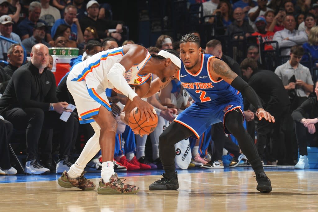 Miles McBride #2 of the New York Knicks guards Shai Gilgeous-Alexander #2 of the Oklahoma City Thunder during the game on March 29, 2026. NBAE via Getty Images
