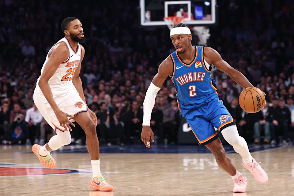 Mar 4, 2026; New York, New York, USA; Oklahoma City Thunder guard Shai Gilgeous-Alexander (2) dribbles in front of New York Knicks guard Mikal Bridges (25) during the first half at Madison Square Garden. Mandatory Credit: Vincent Carchietta-Imagn Images