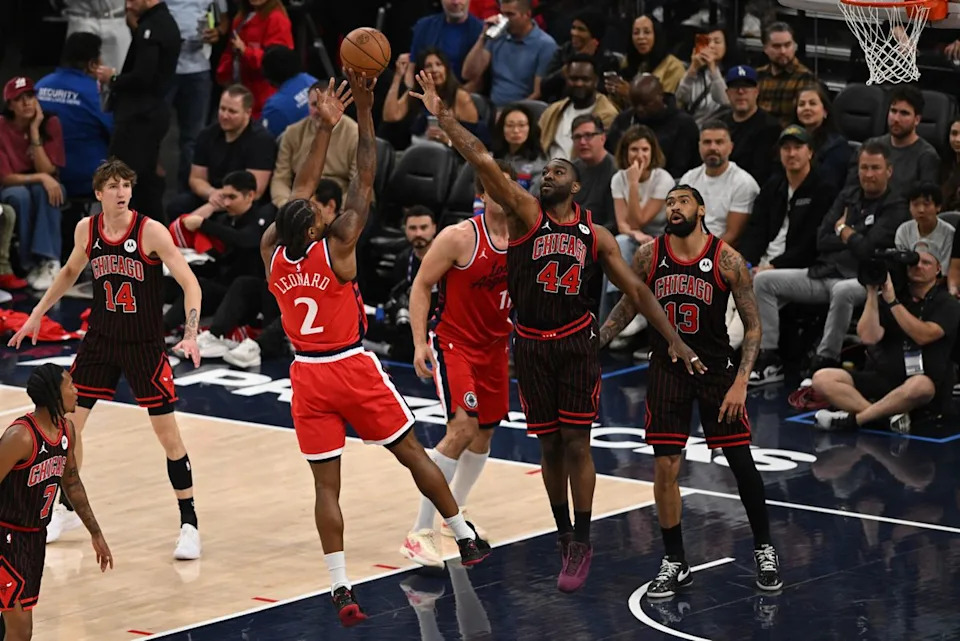 Los Angeles Clippers guard Kawhii Leonard (2) takes a jump shot during a game between the Los Angeles Clippers and the Chicago Bulls on Friday, March 13, 2026 at Intuit Dome in Inglewood Calif