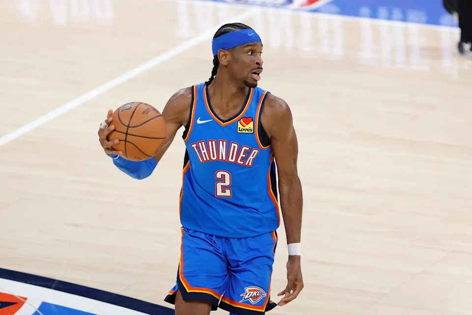 Mar 9, 2026; Oklahoma City, Oklahoma, USA; Oklahoma City Thunder guard Shai Gilgeous-Alexander (2) dribbles down the court against the Denver Nuggets during the second half at Paycom Center. Mandatory Credit: Alonzo Adams-Imagn Images