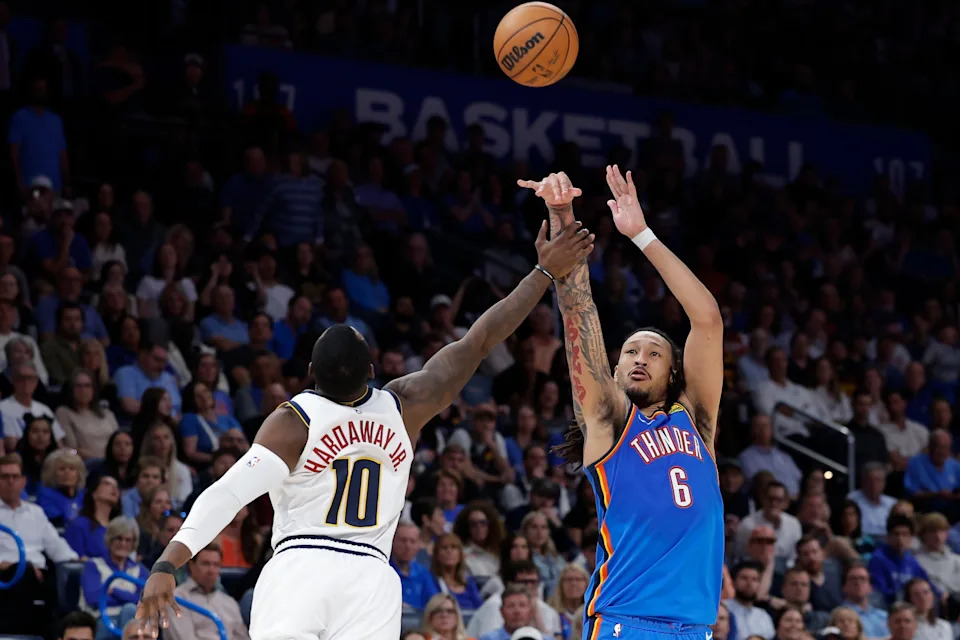 Mar 9, 2026; Oklahoma City, Oklahoma, USA; Oklahoma City Thunder forward Jaylin Williams (6) is fouled by Denver Nuggets guard/forward Tim Hardaway Jr. (10) as he shoots during the second half at Paycom Center. Mandatory Credit: Alonzo Adams-Imagn Images