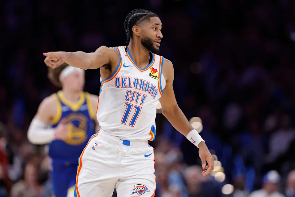 Mar 7, 2026; Oklahoma City, Oklahoma, USA; Oklahoma City Thunder guard Isaiah Joe (11) runs down the court after scoring against the Golden State Warriors during the second half at Paycom Center. Mandatory Credit: Alonzo Adams-Imagn Images