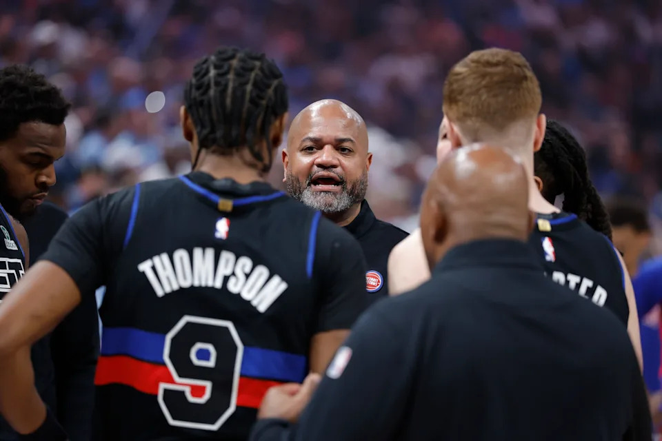 Mar 30, 2026; Oklahoma City, Oklahoma, USA; Detroit Pistons head coach J.B. Bickerstaff talks to his team before the start of a game against the Oklahoma City Thunder at Paycom Center. Mandatory Credit: Alonzo Adams-Imagn Images