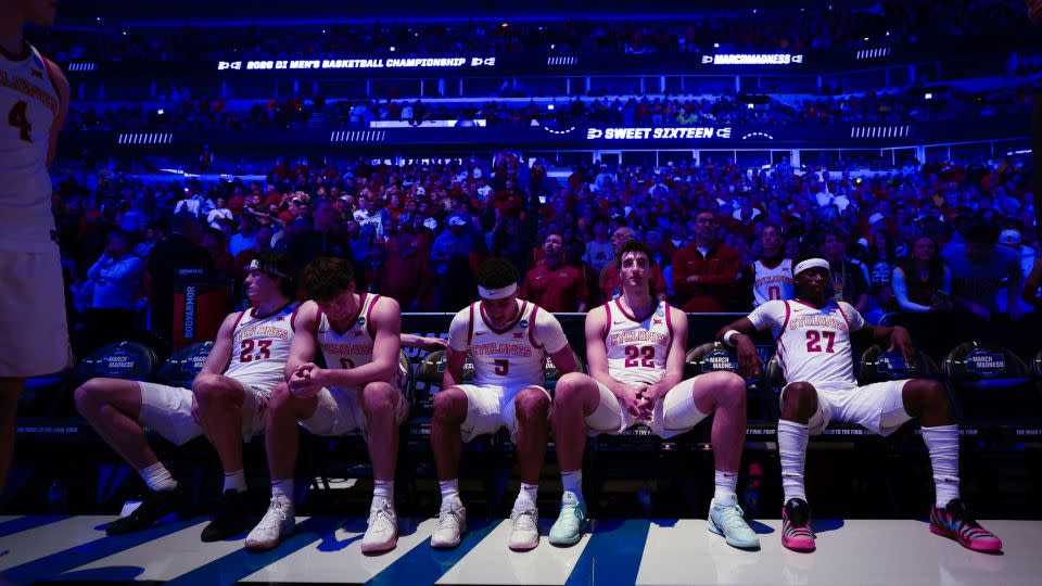 The Iowa State Cyclones during their game against the Tennessee Volunteers during the Sweet Sixteen round game of the 2026 NCAA Men's Basketball Tournament held at the United Center on March 27, 2026 in Chicago, Illinois. The Iowa team went on to lose the game. - Tyler Schank/NCAA Photos/Getty Images