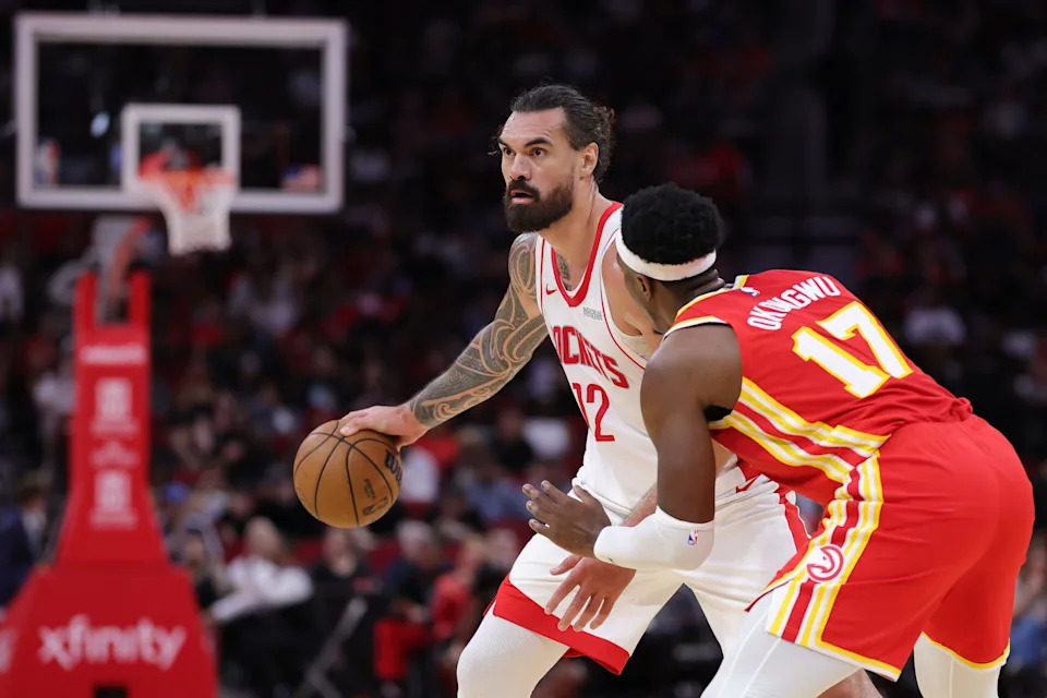 HOUSTON, TEXAS - OCTOBER 06: Steven Adams #12 of the Houston Rockets works against Onyeka Okongwu #17 of the Atlanta Hawks during the second half in a preseason game at Toyota Center on October 06, 2025 in Houston, Texas. NOTE TO USER: User expressly acknowledges and agrees that, by downloading and or using this photograph, User is consenting to the terms and conditions of the Getty Images License Agreement. (Photo by Alex Slitz/Getty Images)