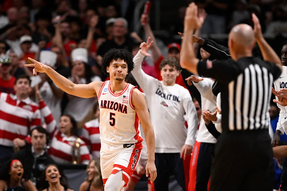 Mar 28, 2026; San Jose, CA, USA; Arizona Wildcats guard Brayden Burries (5) celebrates in the second half against the Purdue Boilermakers during an Elite Eight game of the West Regional of the men's 2026 NCAA Tournament at SAP Center. Mandatory Credit: Eakin Howard-Imagn Images
