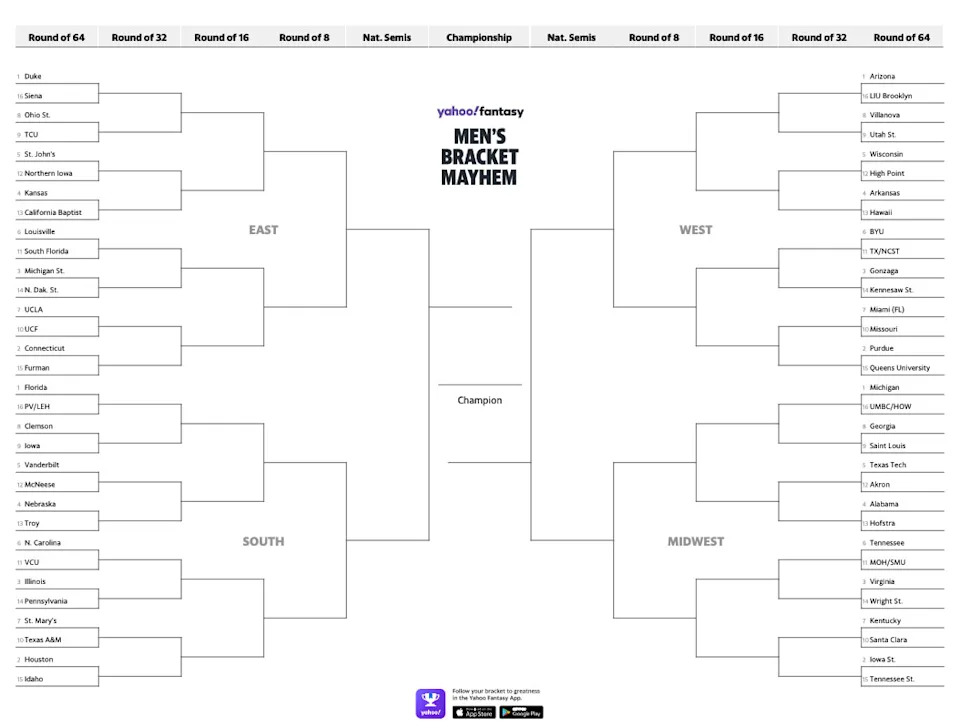 Print your NCAA men's bracket by clicking on the image above.