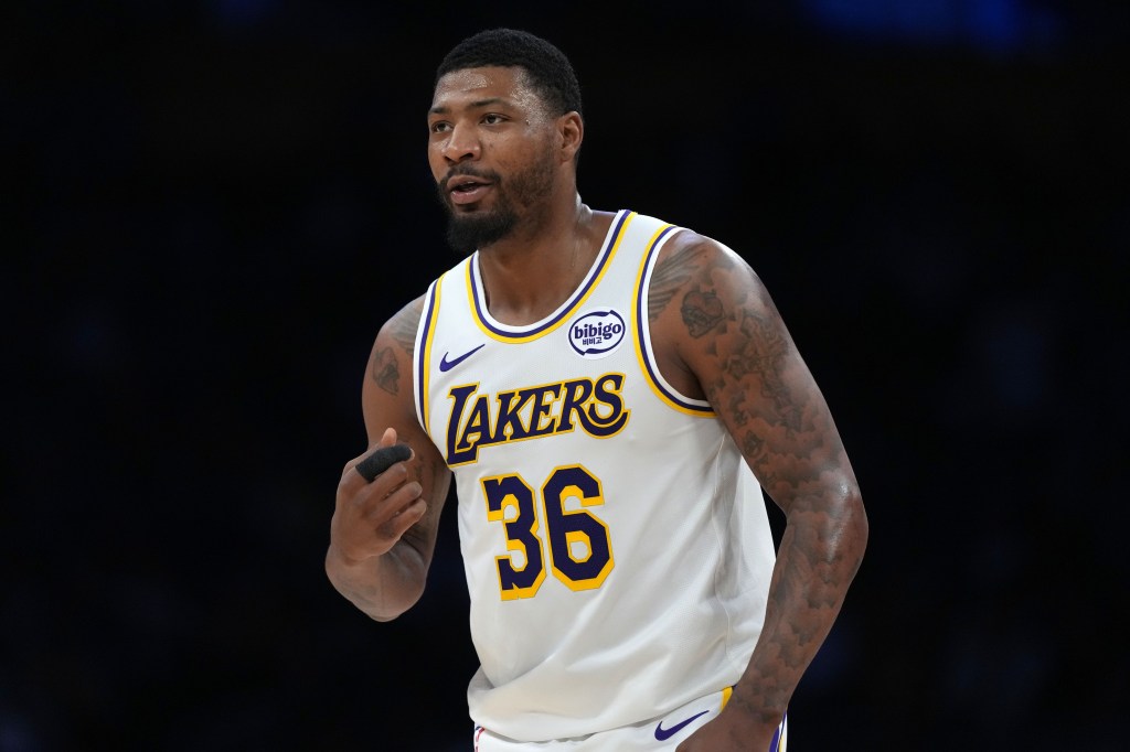 Los Angeles Lakers guard Marcus Smart reacts during a game against the New York Knicks.