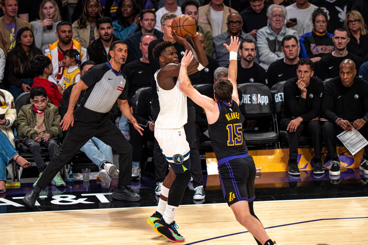 Minnesota Timberwolves guard Anthony edwards (5) successfully shooting for three points during an NBA basketball game against the Los Angeles Lakers on March 10th, 2026 in Los Angeles, CA. Minnesota Timberwolves guard Anthony edwards (5) successfully shooting for three points during an NBA basketball game against the Los Angeles Lakers on March 10th, 2026 in Los Angeles, CA.