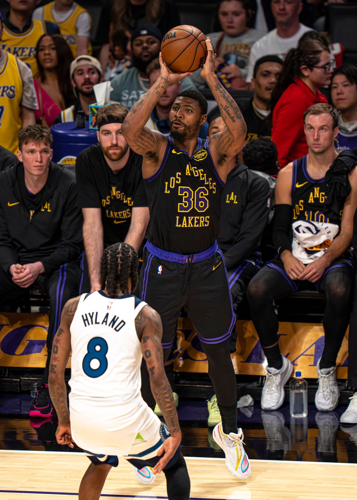 Los Angeles Lakers guard Marcus Smart (36) successfully shooting for three points during an NBA basketball game against the Minnesota Timberwolves on March 10th, 2026 in Los Angeles, CA. Los Angeles Lakers guard Marcus Smart (36) successfully shooting for three points during an NBA basketball game against the Minnesota Timberwolves on March 10th, 2026 in Los Angeles, CA.