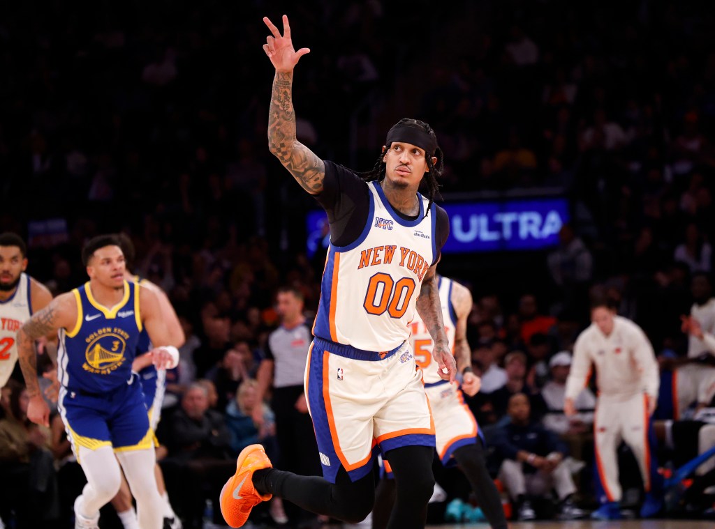 Guard Jordan Clarkson of the New York Knicks reacts after hitting a 3-point shot during the second half when the New York Knicks played the Golden State Warriors Sunday, March 15, 2026 at Madison Square Garden in Manhattan, NY. 