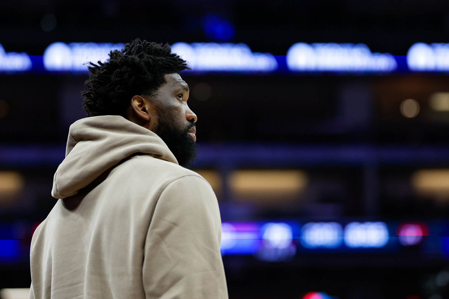 Philadelphia 76ers center Joel Embiid (21) looks on during the third quarter against the Sacramento Kings at Golden 1 Center.