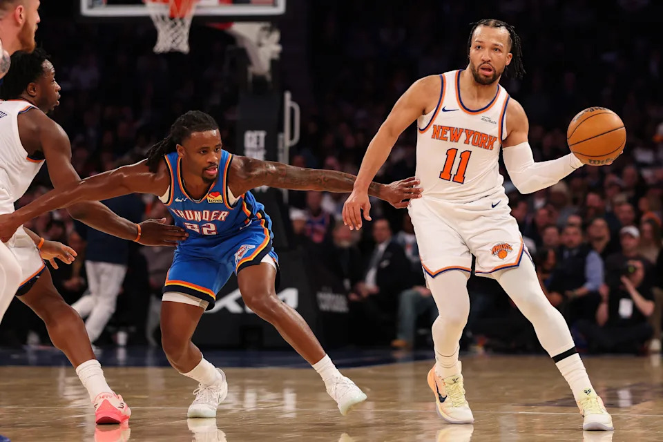 NEW YORK, NEW YORK - MARCH 04: Jalen Brunson #11 of the New York Knicks passes the ball during the third quarter against the Oklahoma City Thunder at Madison Square Garden on March 04, 2026 in New York City. NOTE TO USER: User expressly acknowledges and agrees that, by downloading and or using this photograph, user is consenting to the terms and conditions of the Getty Images License Agreement. (Photo by Ishika Samant/Getty Images)