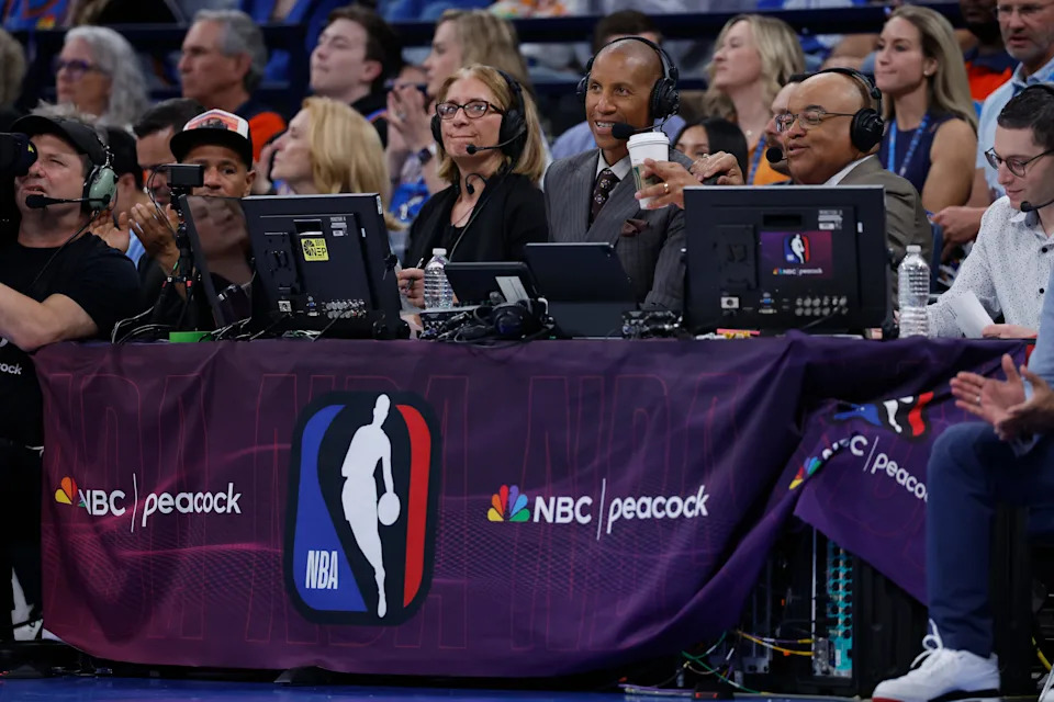 Mar 29, 2026; Oklahoma City, Oklahoma, USA; NBC broadcast team watches a game between the New York Knicks and Oklahoma City Thunder at Paycom Center. Mandatory Credit: Alonzo Adams-Imagn Images