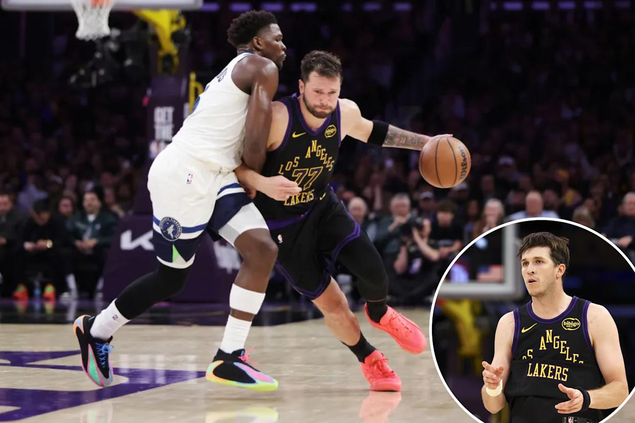 An image collage containing 2 images, Image 1 shows Luka Dončić drives to the basket during the Lakers' 120-106 win over the Timberwolves in Los Angeles on March 10, 2026, Image 2 shows Austin Reaves, who scored 31 points, looks on during the Lakers' win over the Timberwolves