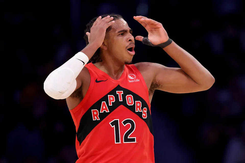 LOS ANGELES, CALIFORNIA - JANUARY 18: Collin Murray-Boyles #12 of the Toronto Raptors reacts to a foul call during the first quarter against the Los Angeles Lakers at Crypto.com Arena on January 18, 2026 in Los Angeles, California. NOTE TO USER: User expressly acknowledges and agrees that, by downloading and or using this photograph, User is consenting to the terms and conditions of the Getty Images License Agreement. (Photo by Katelyn Mulcahy/Getty Images)