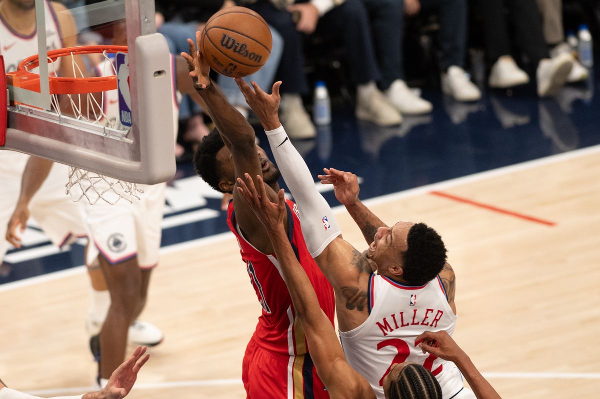 LA Clippers small forward Jordan Miller (22) is blocked at the rim during an NBA game between the New Orleans Pelicans and the LA Clippers on Sunday, March 1, 2026 at Intuit Dome in Inglewood Calif
