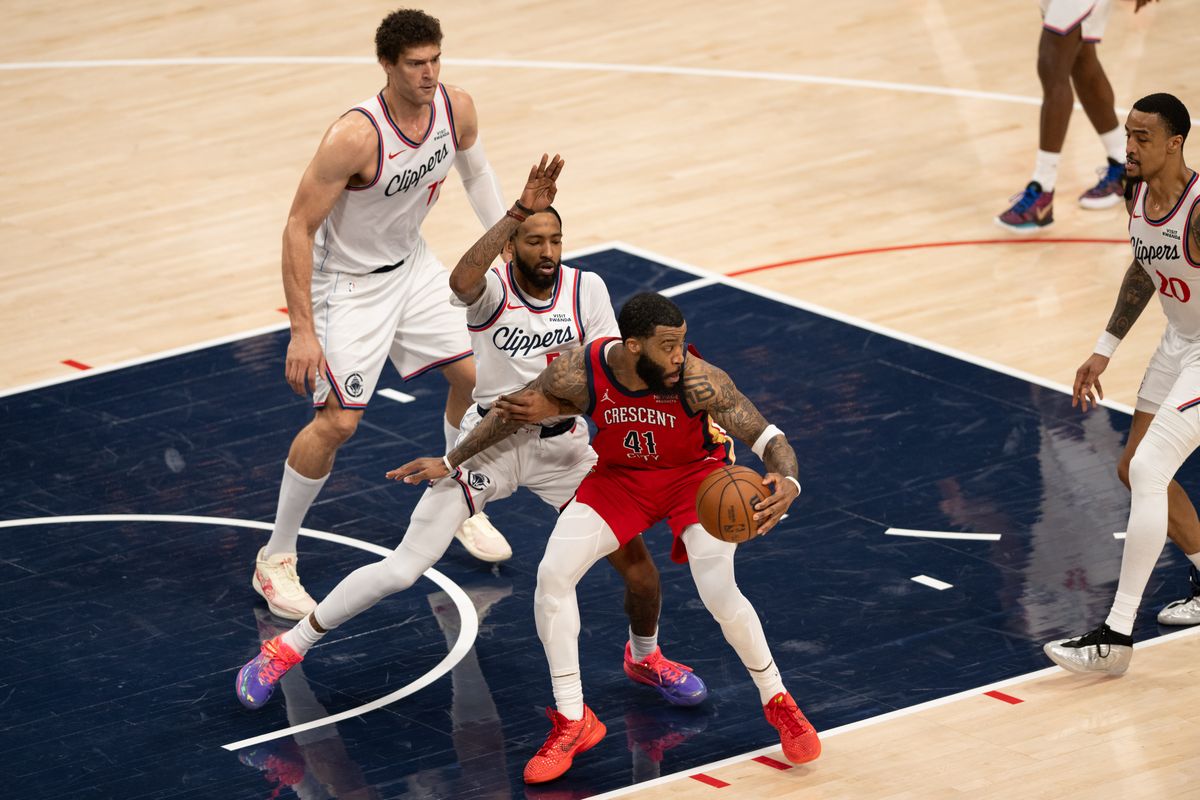 New Orleans Pelicans guard  Saddiq Bey (41) posts up agains LA Clippers guard Derrick Jones Jr (5) during an NBA game between the New Orleans Pelicans and the LA Clippers on Sunday, March 1, 2026 at Intuit Dome in Inglewood Calif